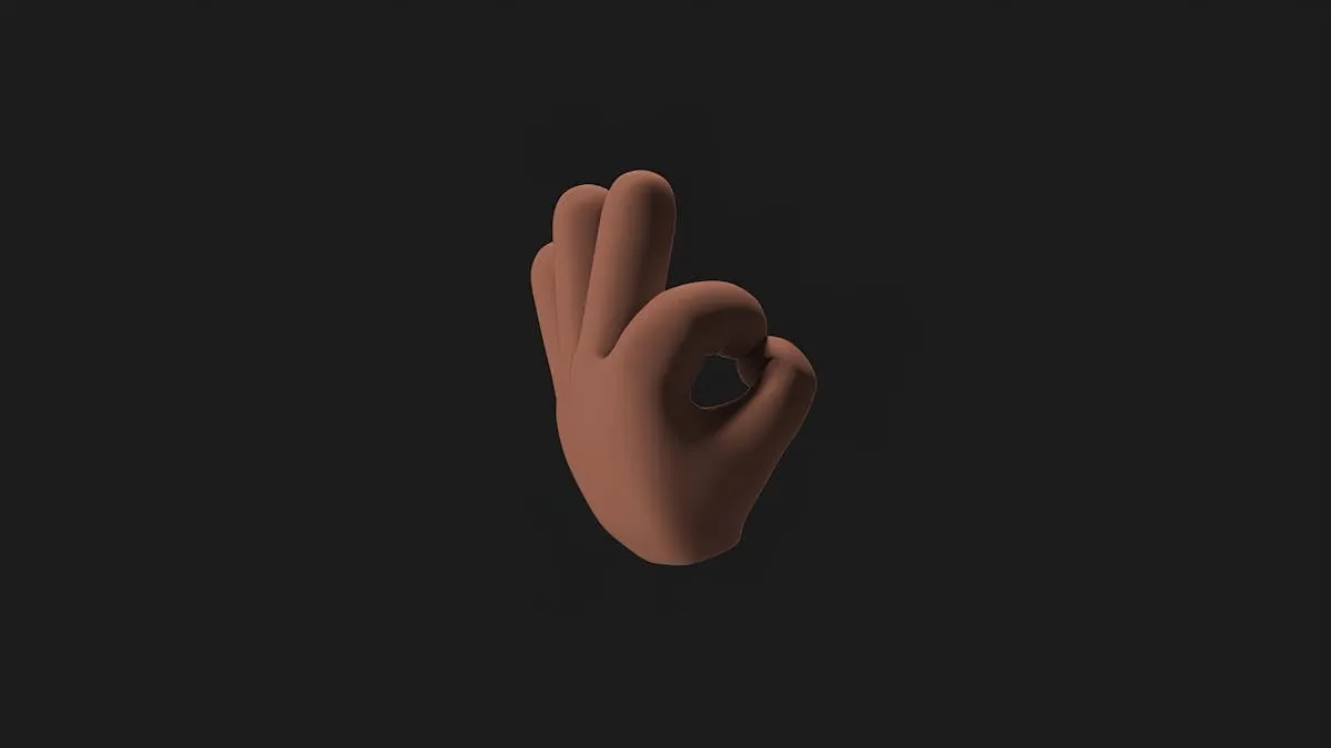 Illustration 3D d'une main faisant le geste OK sur fond noir, style rendu moderne typique des outils d'animation 3D en ligne